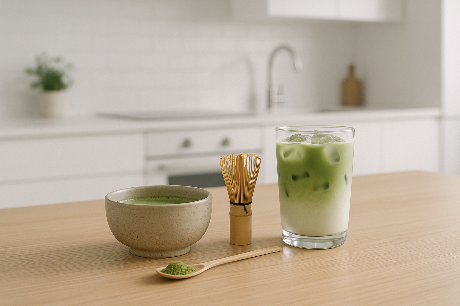 Ein modernes Küchenbild mit einem Matcha-Set (Schale, Bambusbesen, Löffel) auf einem hellen Holztisch, daneben ein kalter Matcha Latte mit Eiswürfeln, minimalistisch, freundliches Tageslicht.
