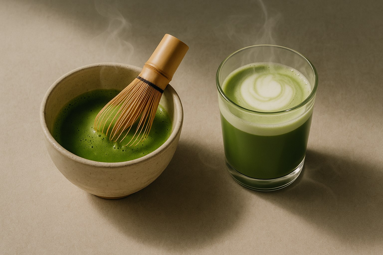 Ein ästhetisches Bild, das eine traditionelle Matcha-Zubereitung mit Bambusbesen zeigt, kombiniert mit einem modernen Matcha-Latte im Glas daneben, Licht von oben, harmonische grün-beige Farbpalette.