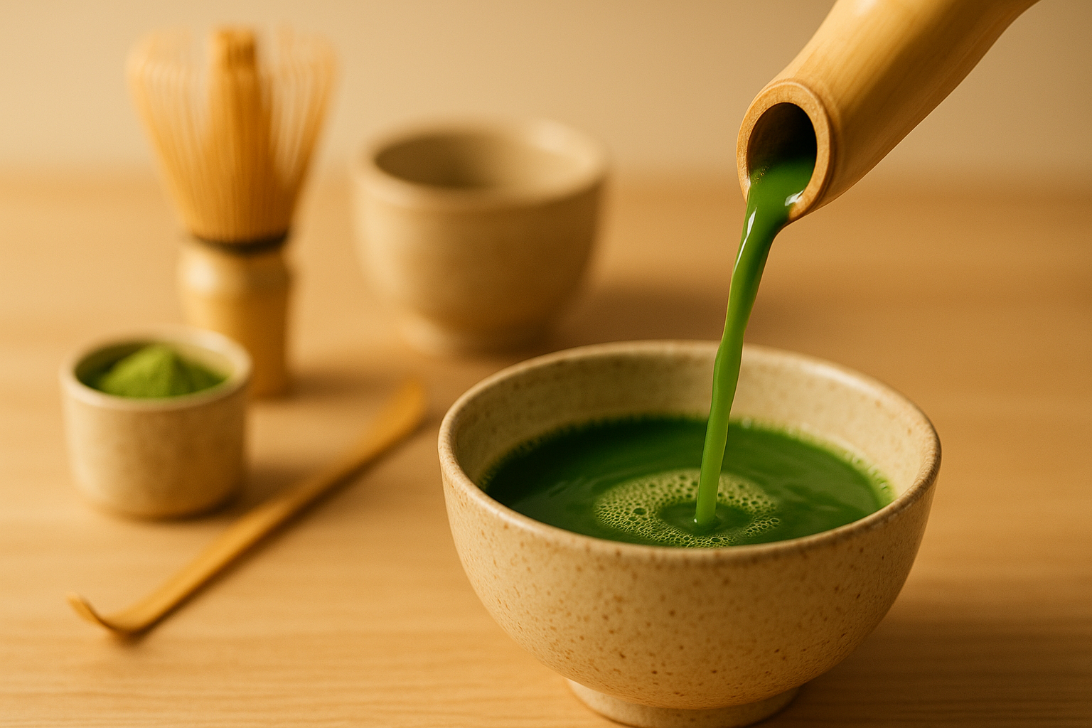 Matcha wird eingegossen und im Hintergrund ist ein Matchaset verschwommen. Das soll ein Header sein.