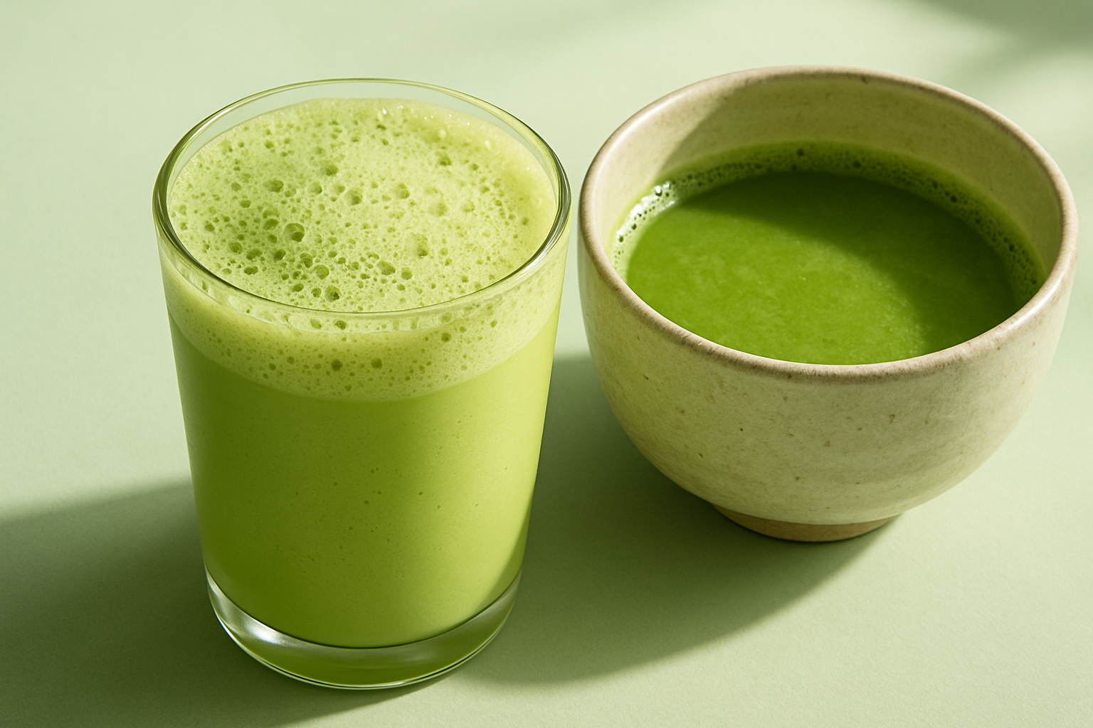 Nahaufnahme von aufgeschlagenem Matcha im Glas, cremige Oberfläche, leicht schäumend, neben einem heißen Matcha in einer Keramikschale, pastellgrüner Hintergrund, natürliches Licht.