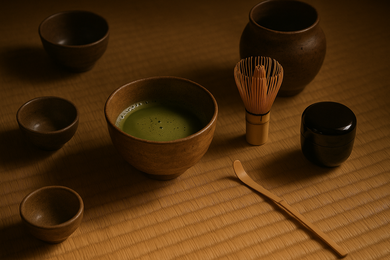 Stimmungsvolles Bild mit japanischen Teeutensilien auf Tatami-Matte, dezentes Licht, Fokus auf Schale mit Matcha-Schaum, friedliche Atmosphäre, Respekt und Ruhe ausstrahlend.